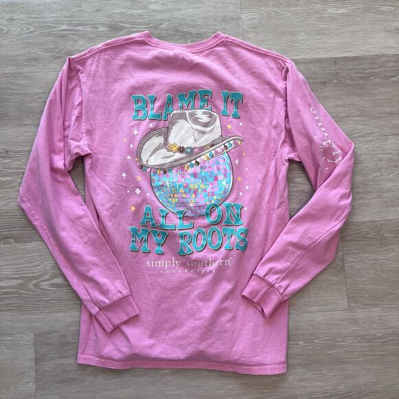Simply Southern "Blame it all on my roots" Long Sleeve Shirt Pink Women's-Size M - Picture 1 of 6